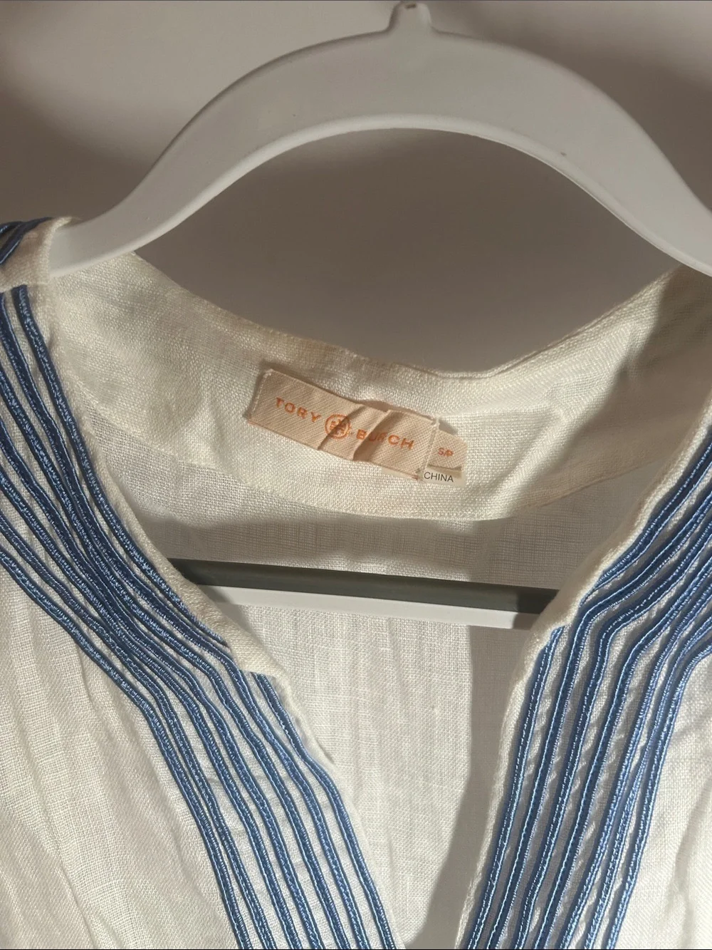 New Tory Burch White Cover-Up with Blue Embroidered V-Detail